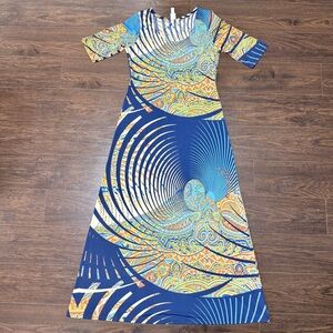 TOUCH EXPRESS BLUE YELLOW GREEN ORANGE PATTERN LONG DRESS